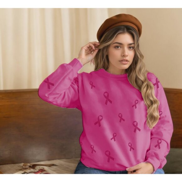 Breast Cancer Awareness Sweatshirt Women Pink Ribbon Graphic Casual Gift - Picture 3 of 4